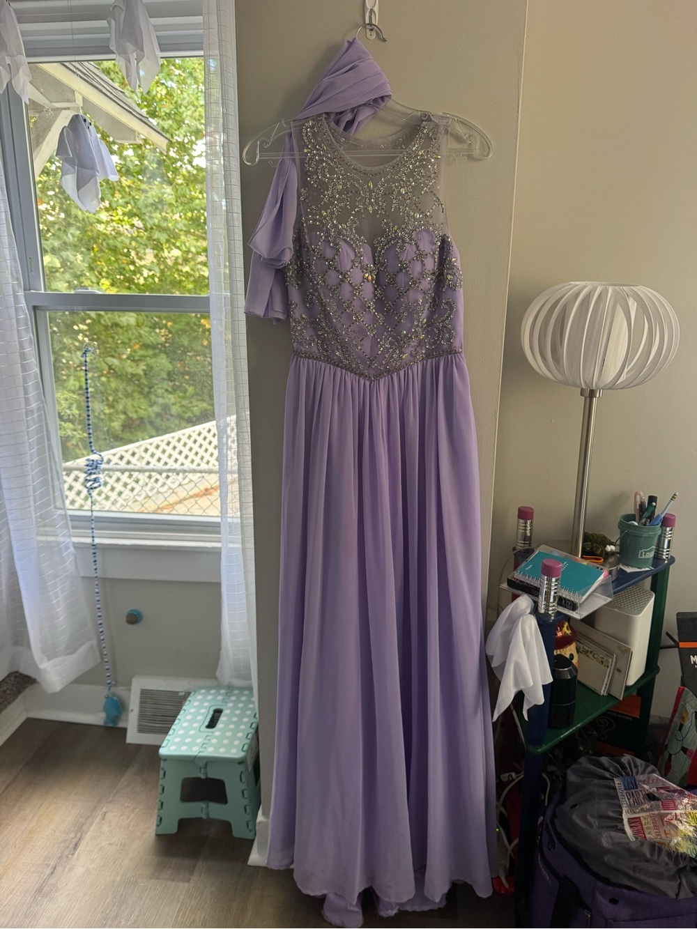 Lilac Beaded Illusion Neck Prom Gown